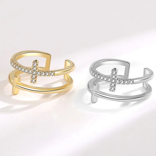 Cross Sterling Silver Plating Inlay Zircon Open Rings