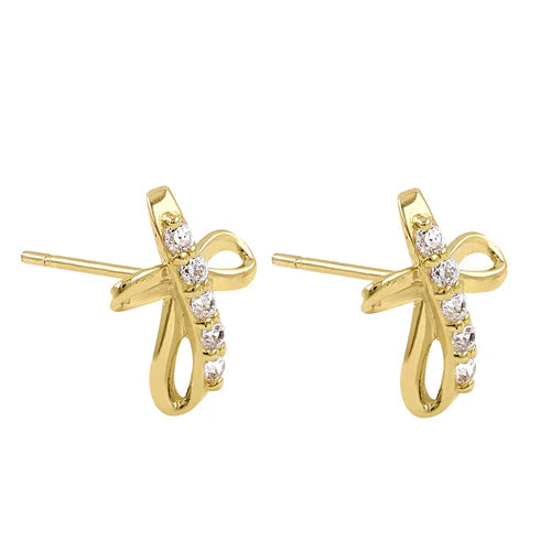 Solid 14K Yellow Gold Twisted Cross Zirconia Earrings