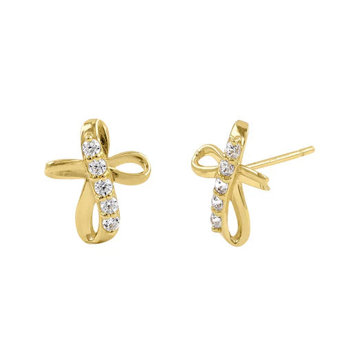 Solid 14K Yellow Gold Twisted Cross Zirconia Earrings