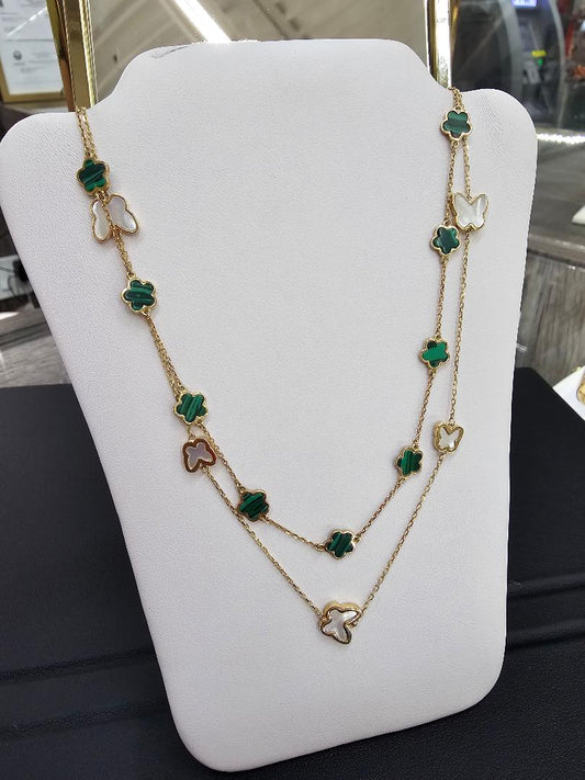 Woman Malachite Stone Flower Necklace Solid Yellow Gold 14 K  long 16"to 18"