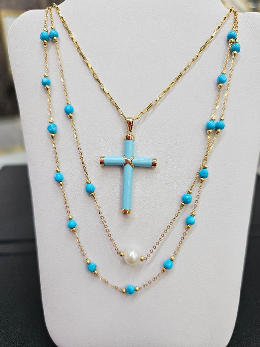 Turquoise Cross Pendant Necklace Yellow Gold 14K long 16" to 18"