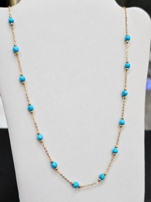 Turquoise and Yellow Gold Necklace 18K long 16" to 18"