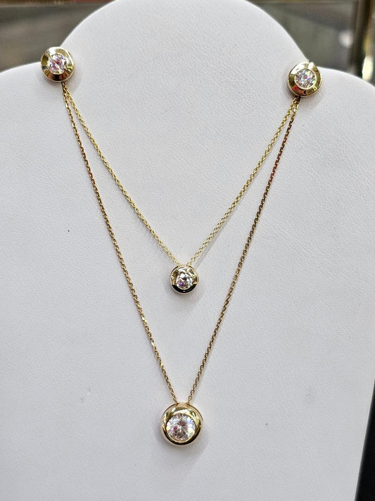 Zircon Donut Necklace and Earring Set Yellow Gold 14K long 16" to 18"