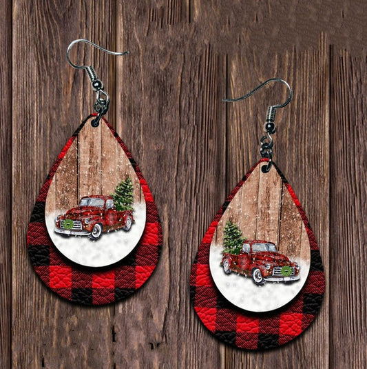 Christmas Car Printing Leather Drop Earrings