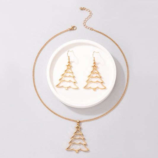 Golden Christmas Tree Necklace And Earrings Set