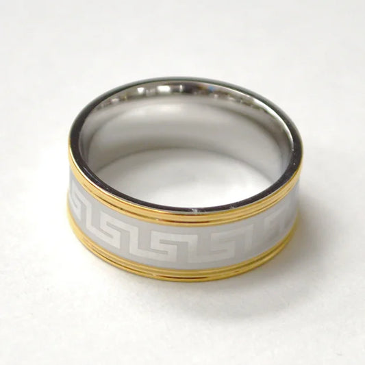 Men Greek Key Design 2 Tone Stainless Steel Ring