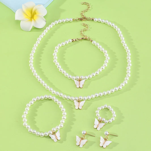 Girls Butterfly Pearl Necklace Ring Bracelet Earring Set