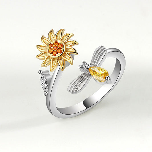 Adjustable Sunflower Copper Diamond Rotating Simple Antistress Ring