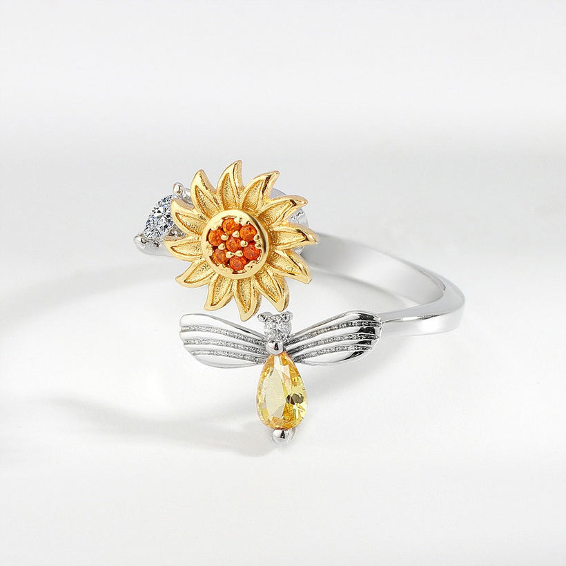 Adjustable Sunflower Copper Diamond Rotating Simple Antistress Ring