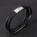 Retro Black Braided Stainless Steel Men Simple Smooth Leather Bracelet