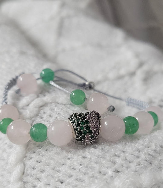 Rose Quartz and Aventurine Natural Stone with Sterling Silver Charm handmade bracelet