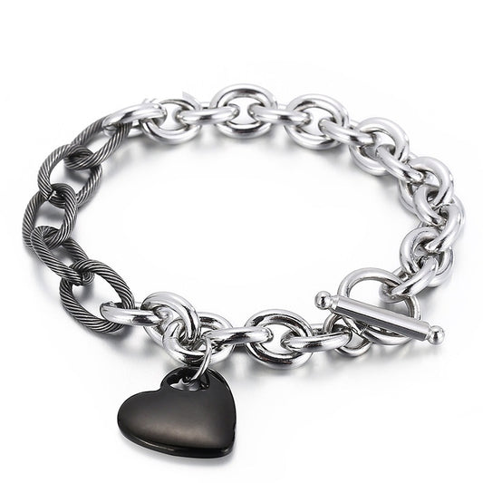 Black Heart shaped Pendant Stitching Ot Buckle Stainless Steel Bracelet