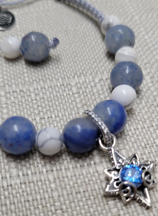 Blue Aventurine and Howlite Natural Stones with Sterling Silver Charm Handmade Bracelet