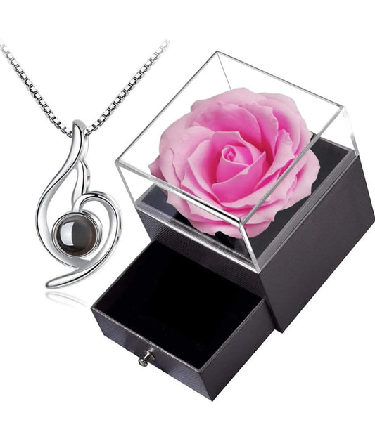 Beautiful Silicone Pink Rose with Sterling Silver 925 Angel Eye Necklace