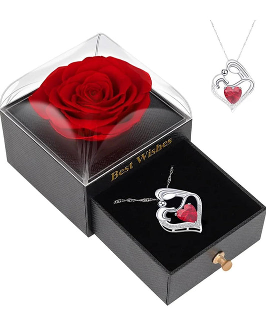 Preserved Natural Rose with Silver Plated Heart Necklace