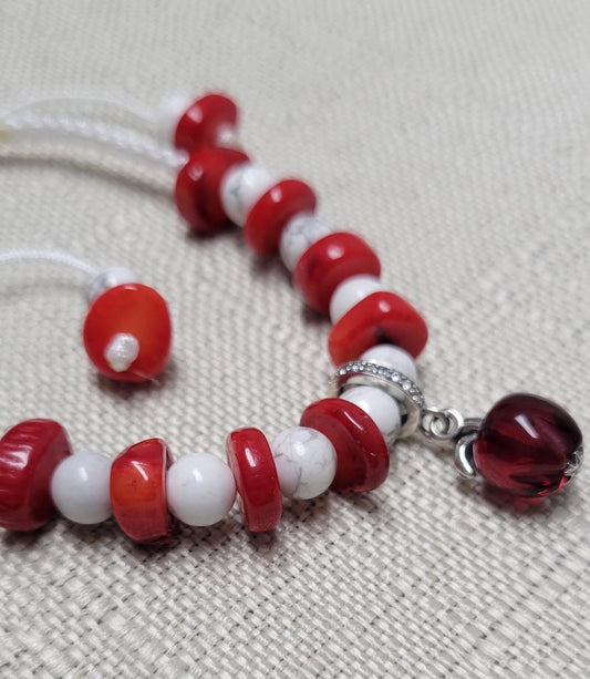 Howlite and Red Coral Natural Stones with Sterling Silver Apple Charm Handmade Bracelet