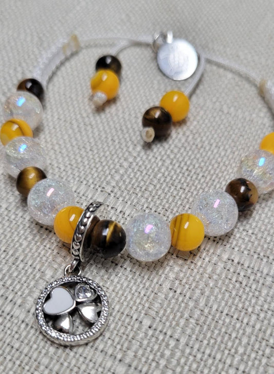 Tiger Eye, White Quartz and Yellow River Shell Natural Stones with Sterling Silver Clover Charm Handmade Bracelet